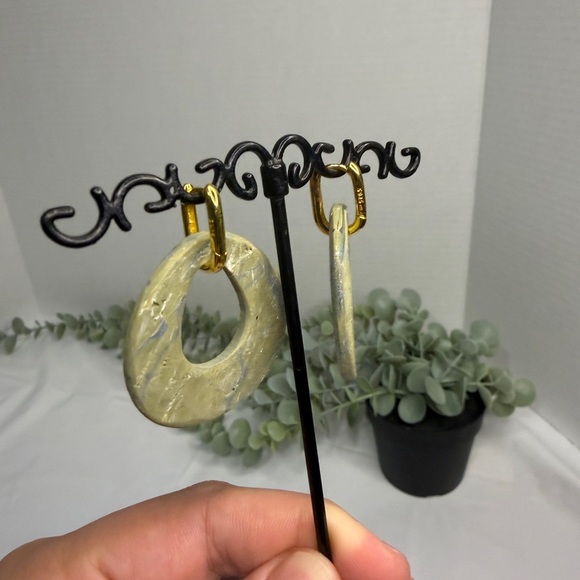 Handmade dangly  Green and Gold Hoop Earrings - Picture 2 of 5